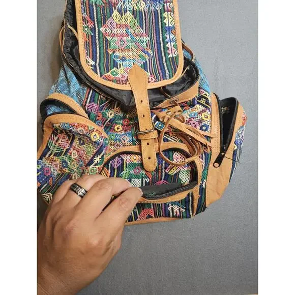 Large backpack Handmade Guatemalan Aztec Southwestern Bag Multiple Pockets - Picture 5 of 12
